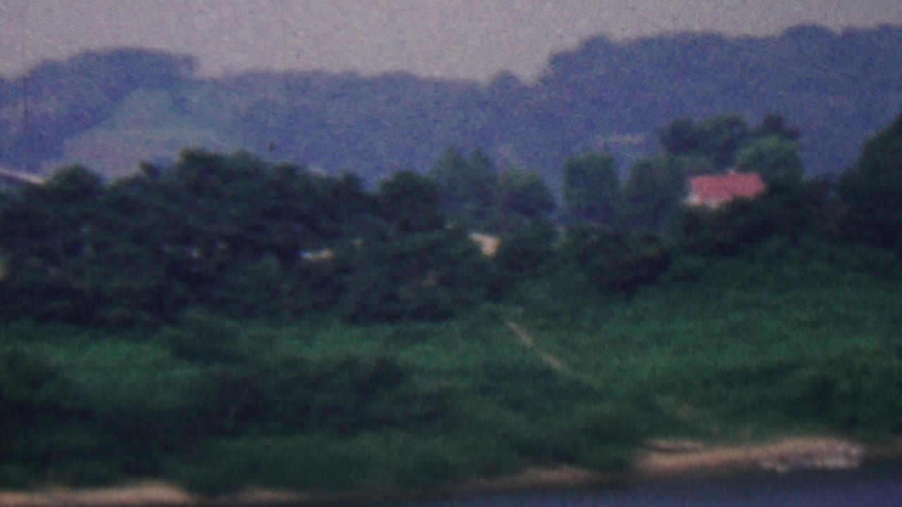 Covington, Kentucky 1961 8mm frame showing dense green trees along a water edge, hazy blue hills beyond, and a small red-roofed structure partly obscured by foliage.