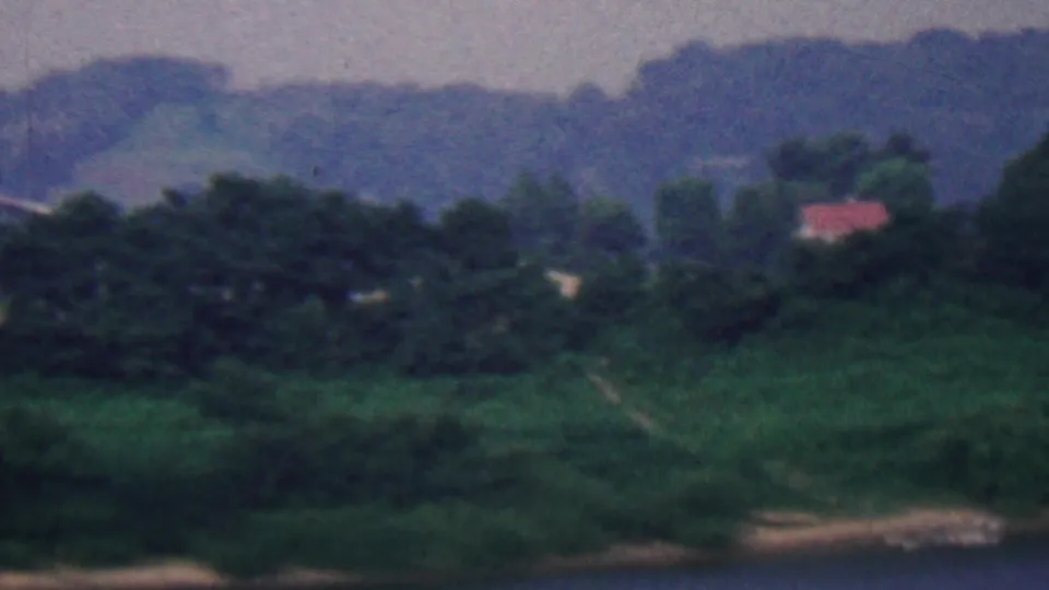 Covington, Kentucky 1961 8mm frame showing dense green trees along a water edge, hazy blue hills beyond, and a small red-roofed structure partly obscured by foliage.