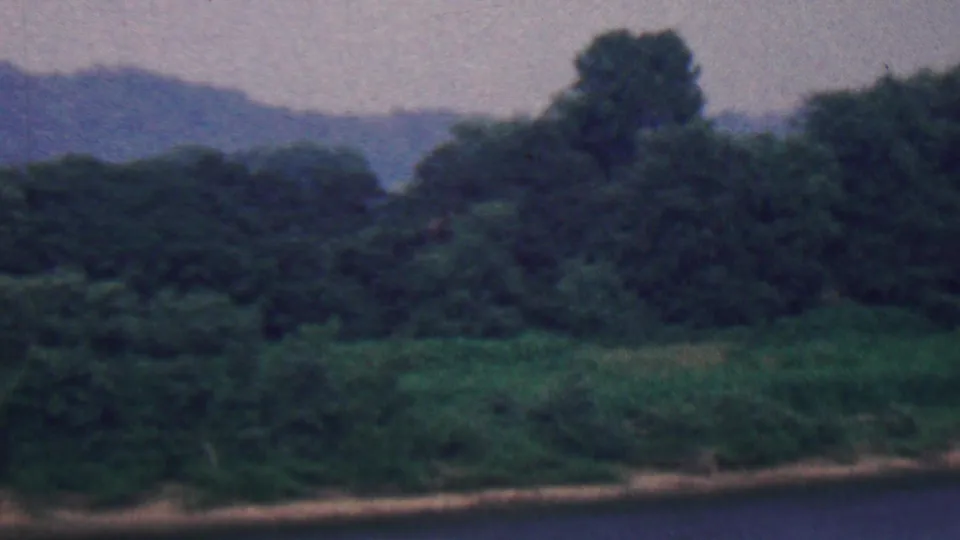 Soft 8mm view from Covington, Kentucky in 1961 showing a dark river edge, layered green trees, pale bank, and hazy hills under a cloudy sky.