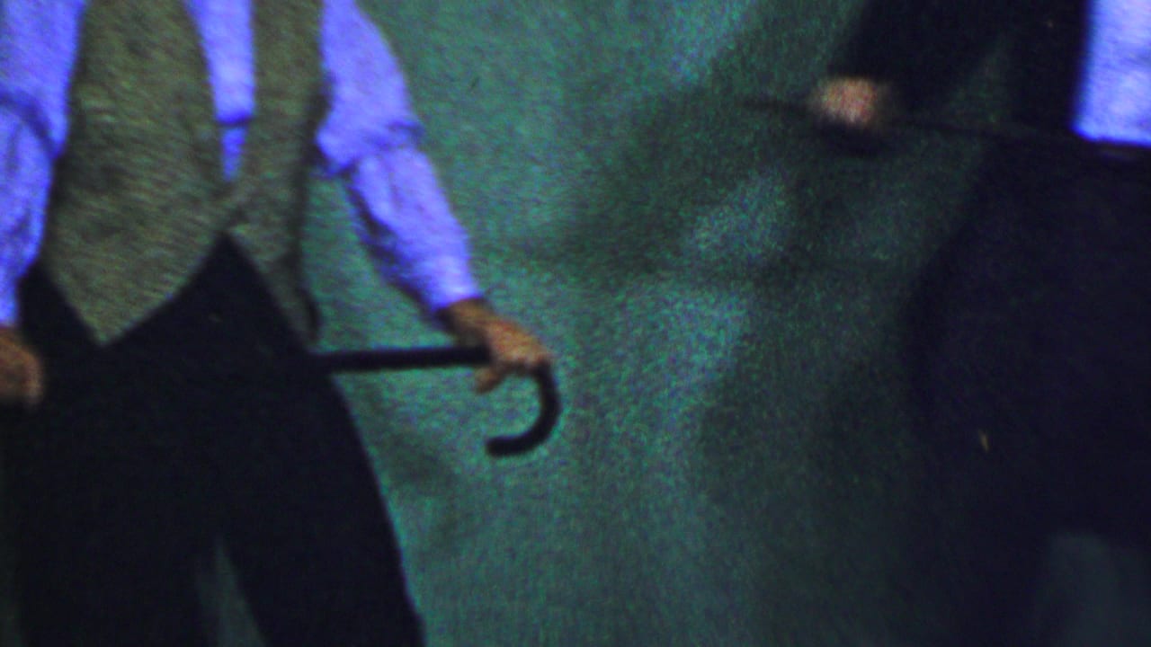Costumed performer with cane beside another performer on a dim stage.