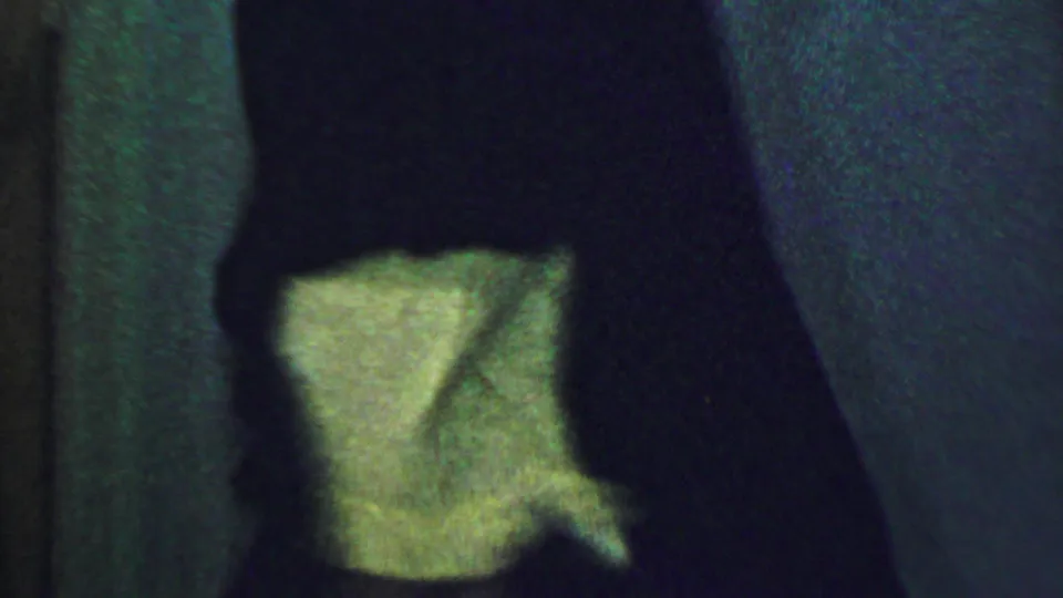 The frame catches a cropped lower-body view of a person in dark clothing beside a light skirt or petticoat, with the green wall still visible behind.