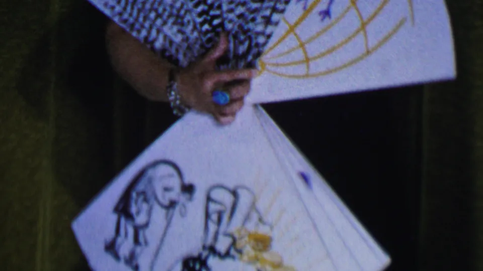 The performer grips a large decorative fan with patterned and illustrated panels while standing before the green stage curtain in the 1956 Dallas footage.
