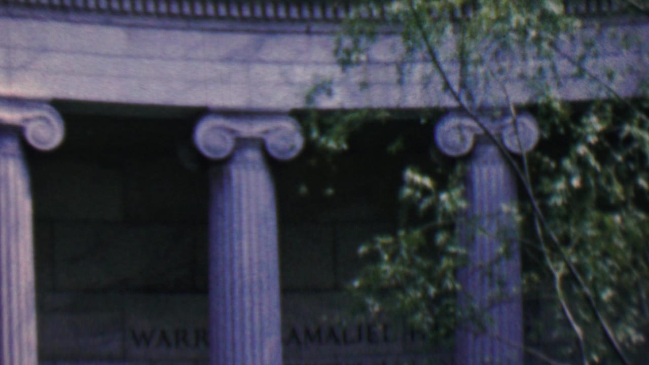 1961 Covington, Kentucky 8mm frame showing classical stone columns partly obscured by green tree branches on a curved historic facade.