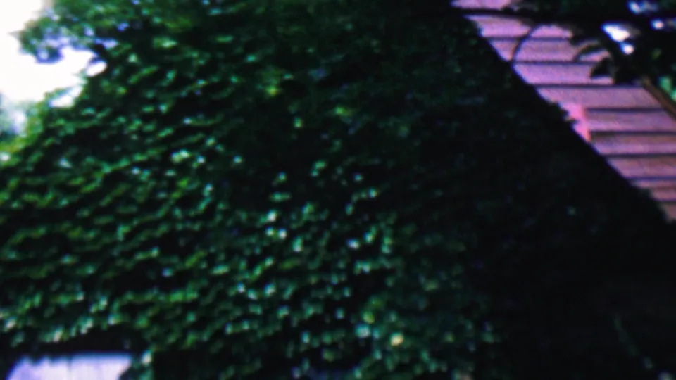 The frame shows an ivy-covered residential building with a reddish roofline cutting diagonally through shaded greenery in the supplied Hatfield, Pennsylvania clip.