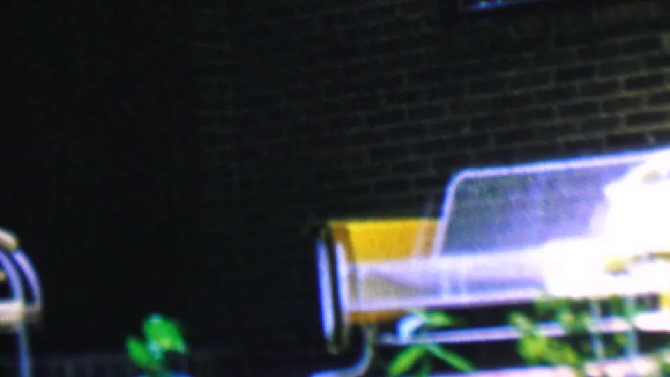 A yellow-and-white outdoor sofa or bench stands against a dark brick wall with nearby plants in the 1956 Hatfield backyard footage.