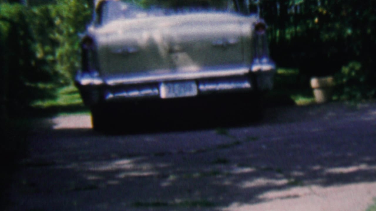 The parked 1950s car remains centered on the driveway, with chrome trim and tailfins visible against dense greenery in Hatfield, Pennsylvania.
