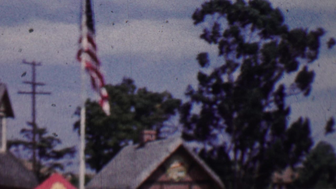 American flagpole in front of rooftops, trees, utility poles, and distant hills.