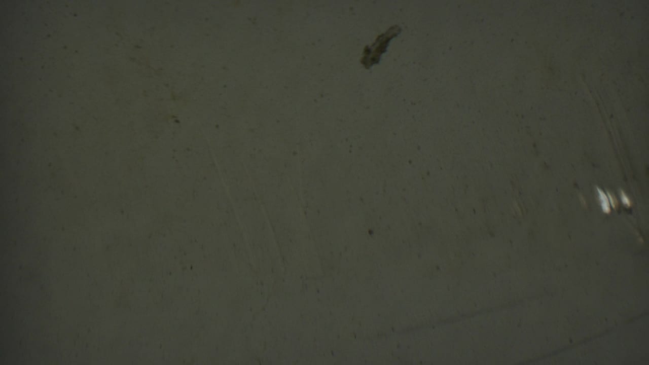 Dim textured surface with scattered specks and a small bright mark near the edge.