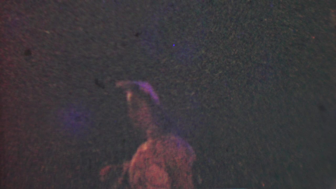 In 1950 Detroit 8mm footage, a young woman wearing a dress and hair bow appears dimly at night amid reddish-purple light and heavy film grain.