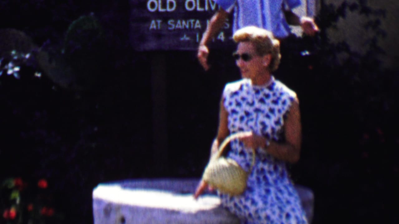 Woman in patterned dress holds a woven purse while seated near a stone feature and Old Olive Mill sign.