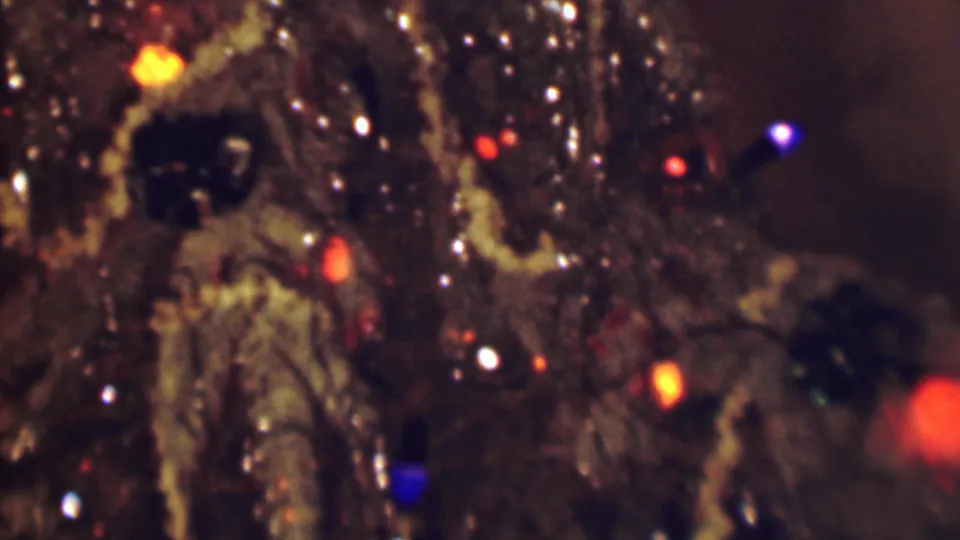 Close 8mm view of the Christmas tree in Terre Haute, Indiana, showing flocked branches, bright colored lights, and glinting ornament surfaces.
