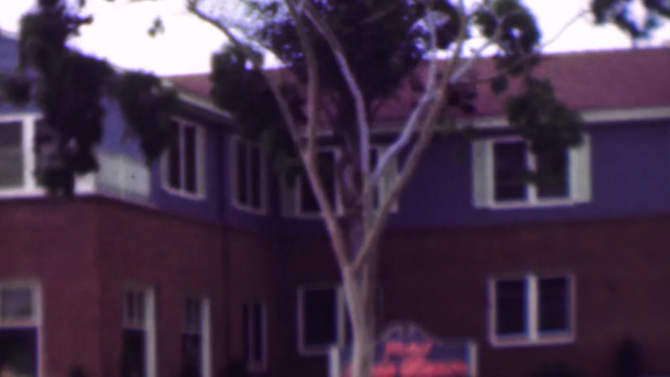 1961 San Diego home-movie frame showing a corner angle of the apartment building, with blue-gray siding above brown walls and a tall tree trunk partly blocking the windows.