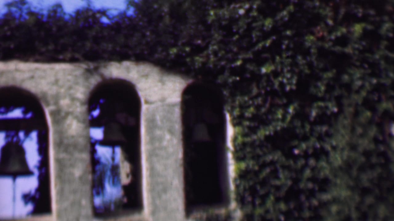 Stone arches with bells partly framed by dark ivy and sky.