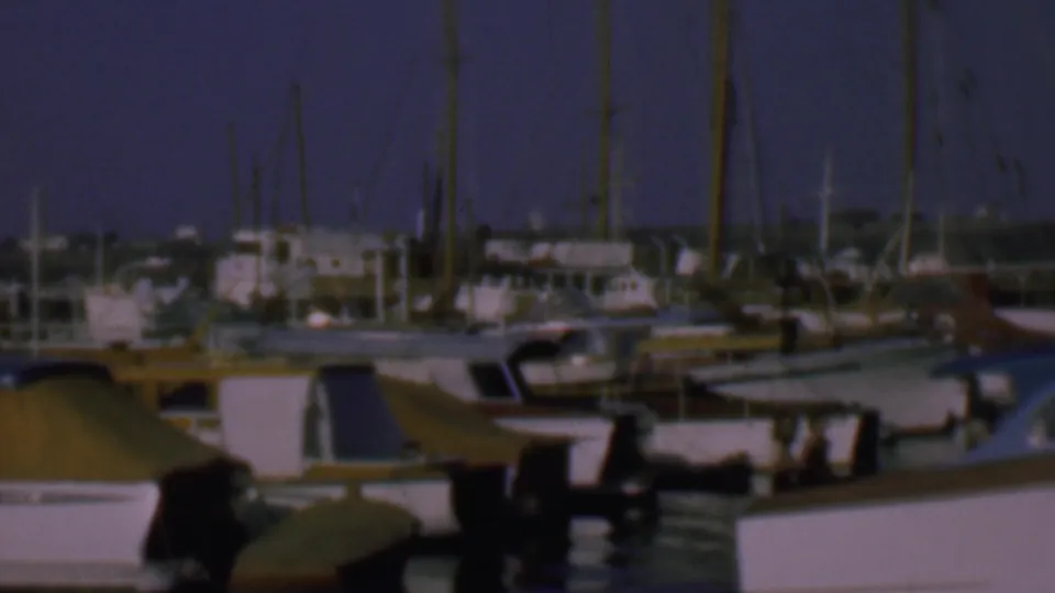 1961 San Diego marina view with white motorboats, colored canvas covers, dense sailboat masts, dock pilings, and low shoreline buildings in the distance.