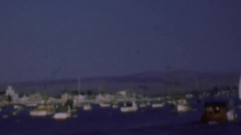 1961 San Diego harbor frame with a white sail or sailboat near the center, moored boats around it, and a soft distant shoreline beyond the water.