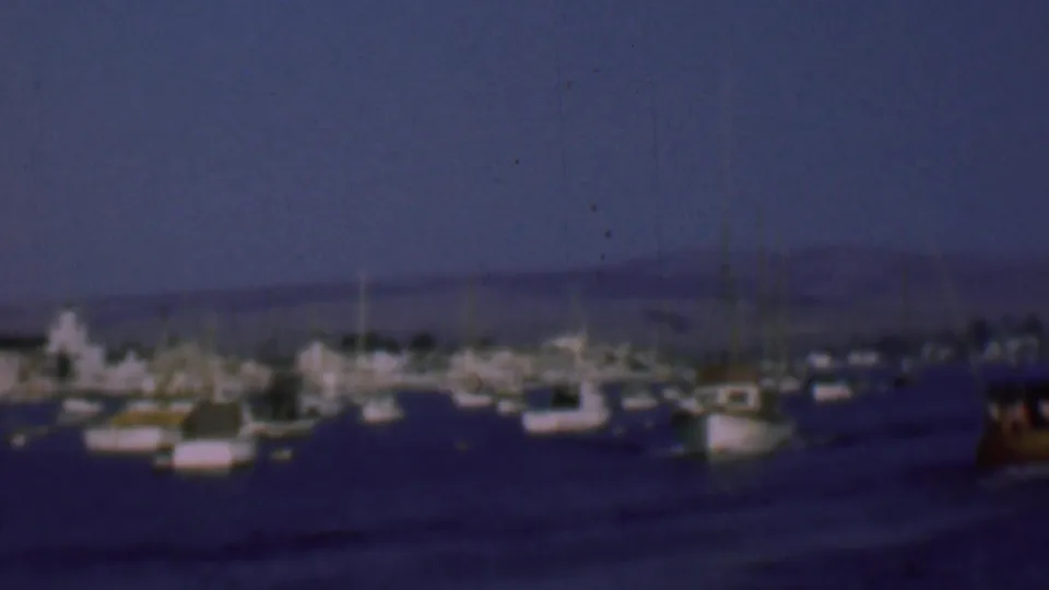 1961 San Diego bay footage showing a cluster of anchored boats, a prominent white sail, and a distant shoreline in soft 8mm color.