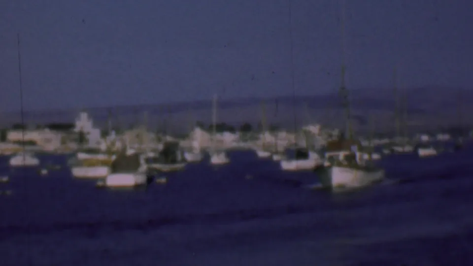 1961 8mm San Diego bay frame with anchored sailboats, clustered masts, small boats, and a dark shoreline under a blue sky.