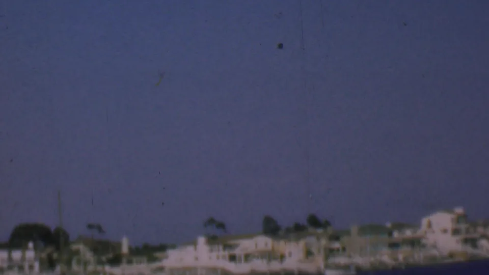 Soft 1961 8mm view of San Diego waterfront residences and palms seen from across the water, with the shoreline appearing slightly blurred.