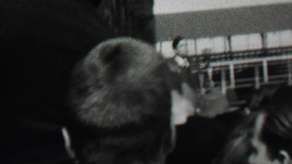 The closing frame keeps the viewpoint inside the audience, with foreground heads and shoulders partly blocking the suited speaker in the 1937 Albany public address scene.