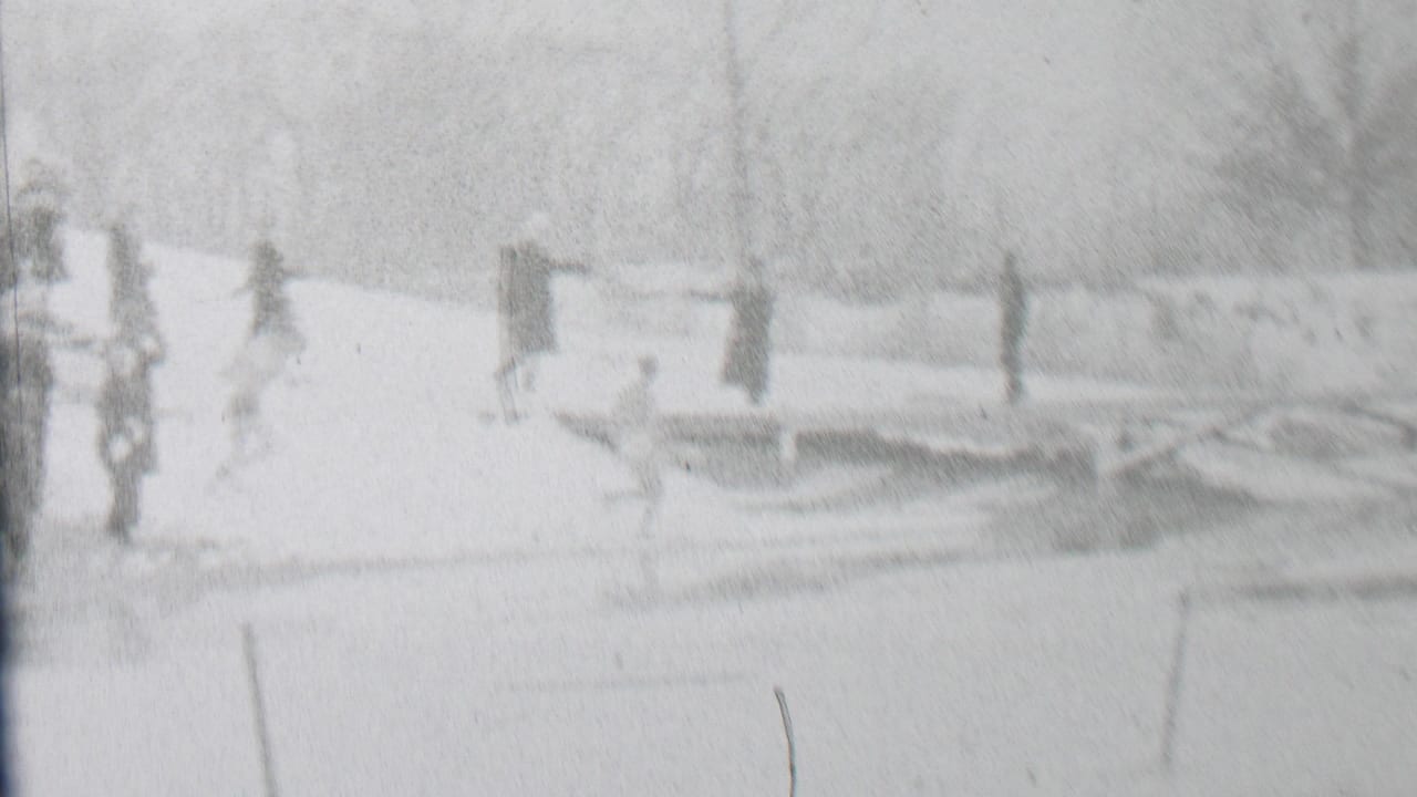 Distant pedestrians cross or approach a low wooden bridge in a snow-covered Albany park, with bare trees and washed winter light in the background.