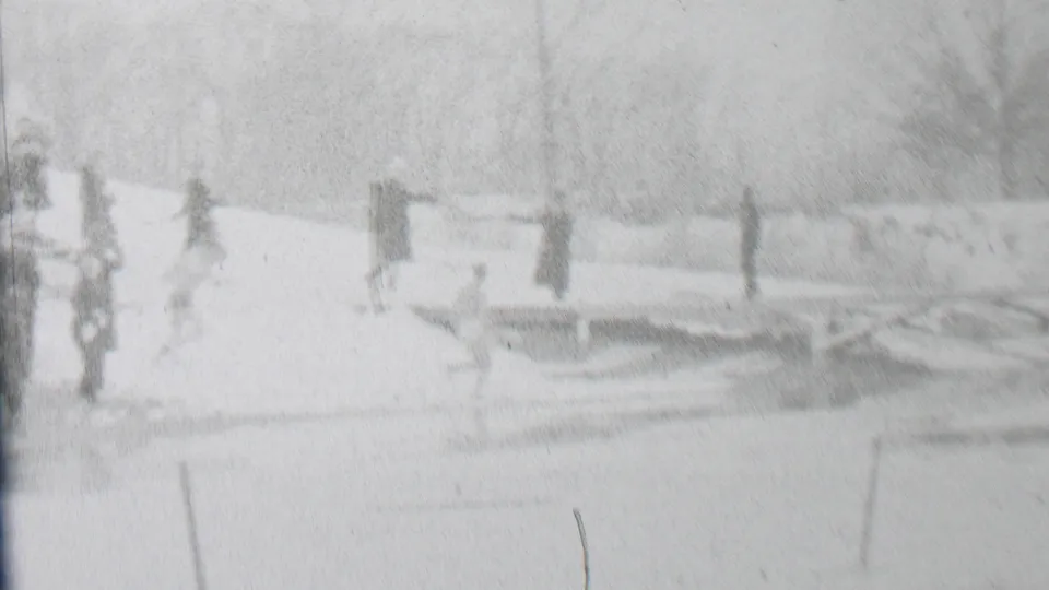 Distant pedestrians cross or approach a low wooden bridge in a snow-covered Albany park, with bare trees and washed winter light in the background.