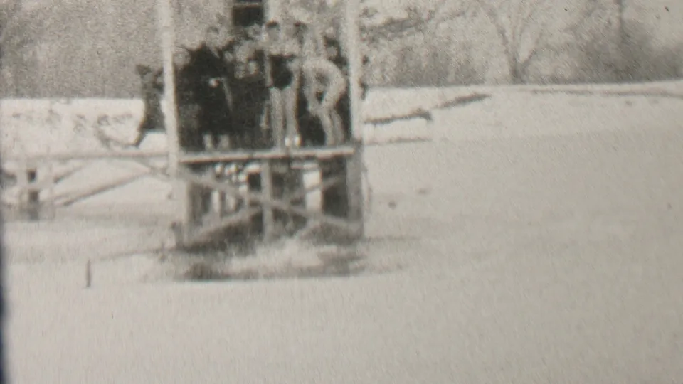 At the end of the supplied Albany winter clip, the group remains on the wooden platform while disturbed water below marks the completed cold-water dive.