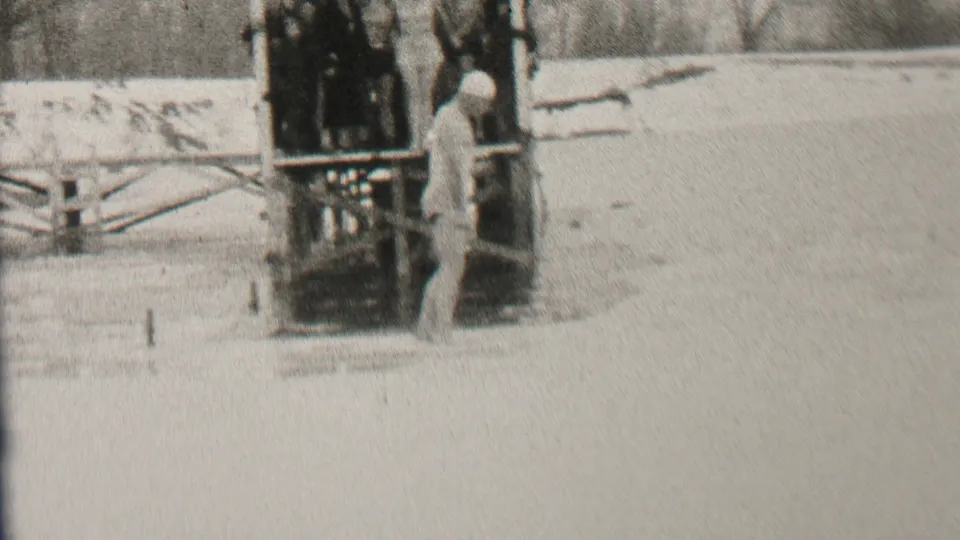 A lightly dressed swimmer stands near the wooden platform on icy water while bundled spectators watch from the structure in the Albany winter footage.