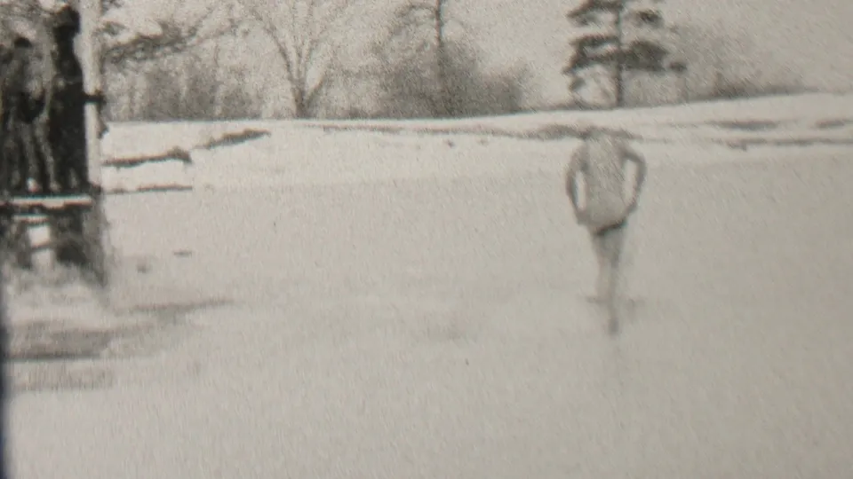 Viewed from behind, the swimmer moves across the ice in swimwear as the rough wooden platform and winter tree line remain visible nearby.