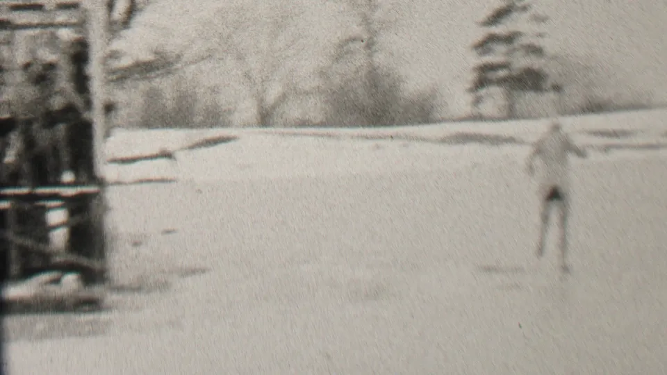 At the end of the clip, the swimmer appears farther out on the frozen lake, with the platform, spectators, bare trees, and snowy shoreline still visible.