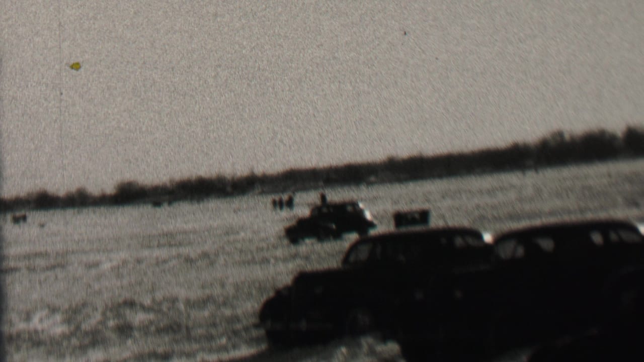 Several dark cars are clustered near the right side of an open field with small figures in the distance.