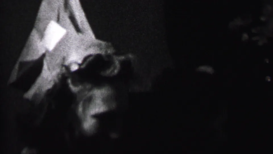 In this 1937 Albany home-movie frame, a woman appears near a pointed party hat in a dark indoor gathering, with surrounding figures mostly obscured by shadow.