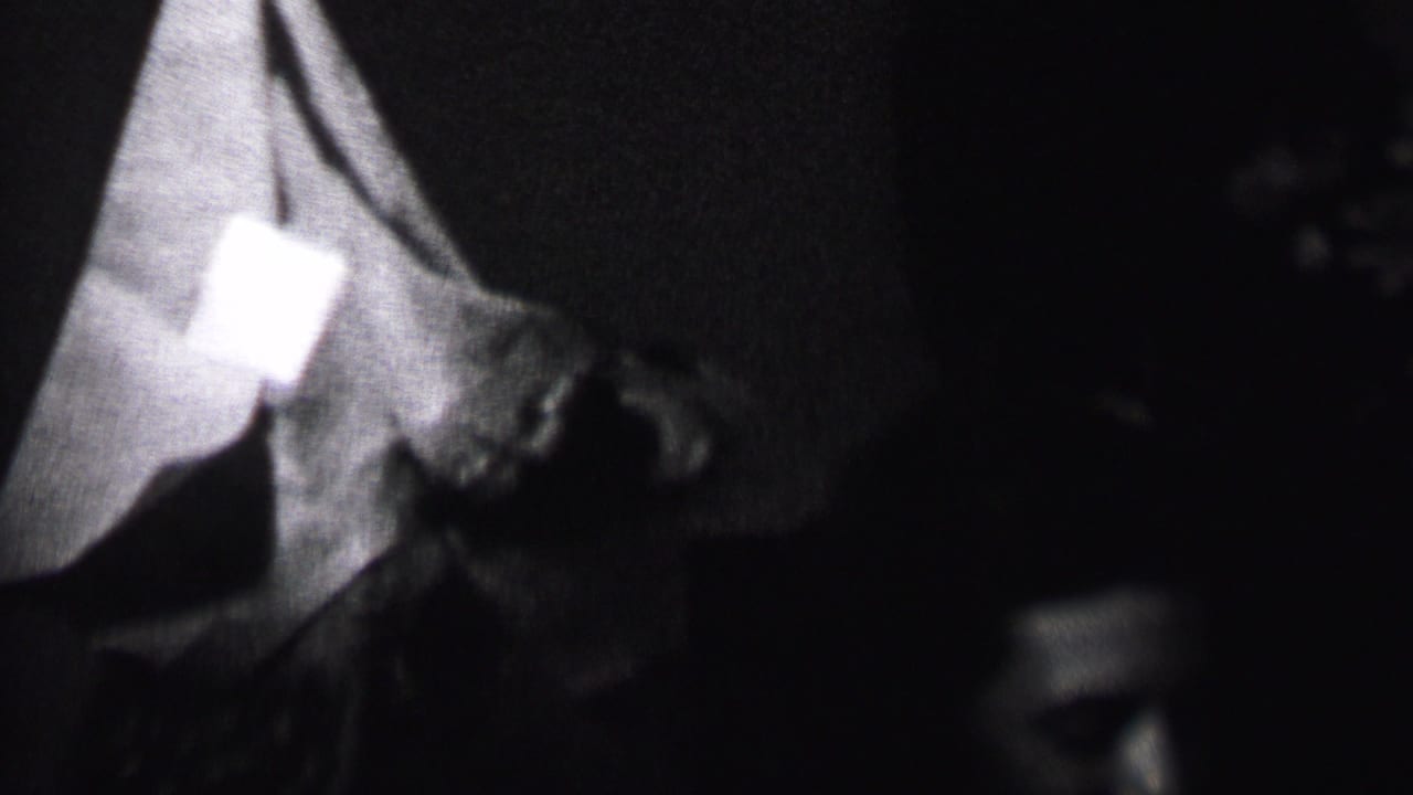 A dark, soft-focused 8mm frame shows a person in a pointed party hat leaning toward another adult in the Albany home-movie scene.