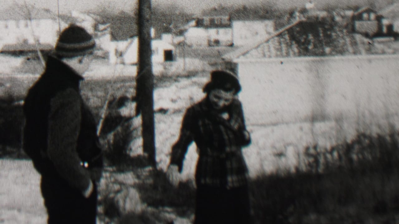 Woman in a plaid coat gestures while a man stands beside her outdoors.