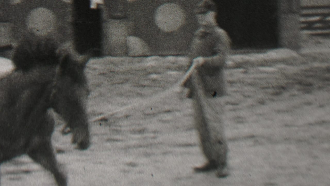 A horse moves at the edge of a snowy or muddy corral while an adult man in winter clothing stands nearby in 1937 Beachwood, New Jersey, according to supplied clip metadata.