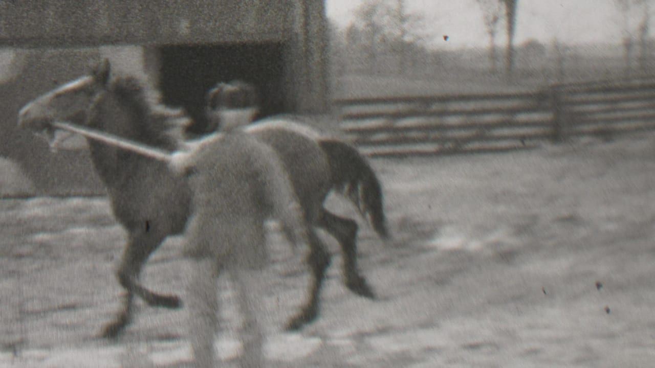 In 1937 Beachwood, New Jersey home-movie footage, an adult man appears to guide a horse by rope in a winter farmyard beside a barn-like structure.