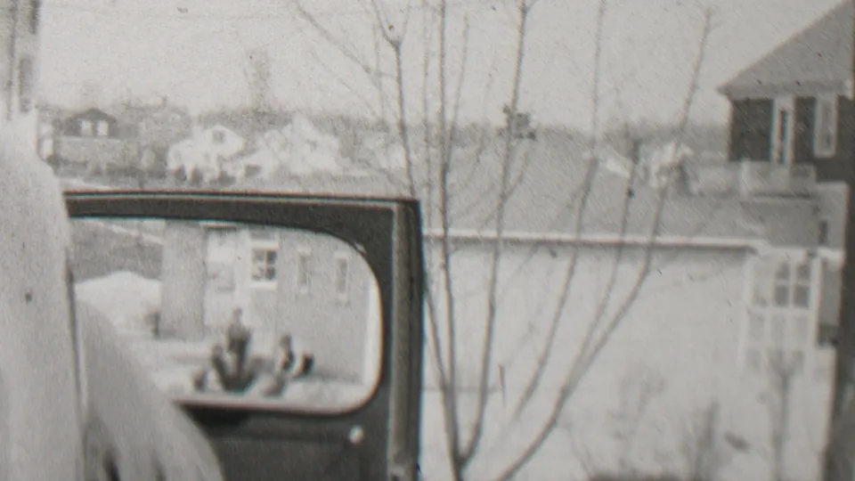 The woman has moved out of clear view as the open car door and window frame detached houses, bare trees, and a quiet suburban background.