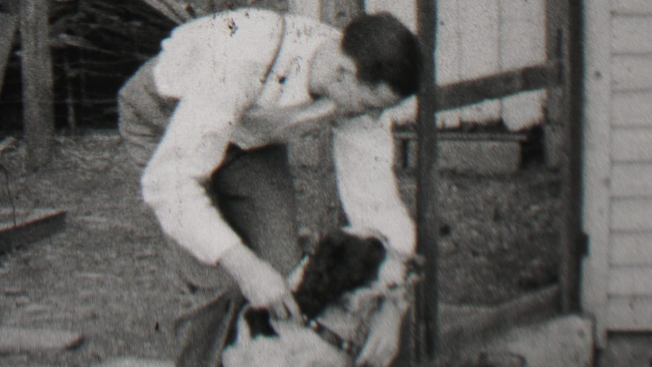 The man crouches close to the small black-and-white dog near a porch post and wood-sided structure in the Beachwood, New Jersey backyard scene.