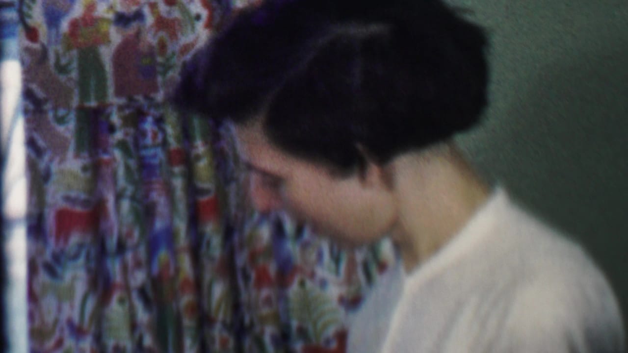 The woman remains in profile, leaning slightly forward in a white shirt against a backdrop of multicolored curtains in the Des Moines interior.