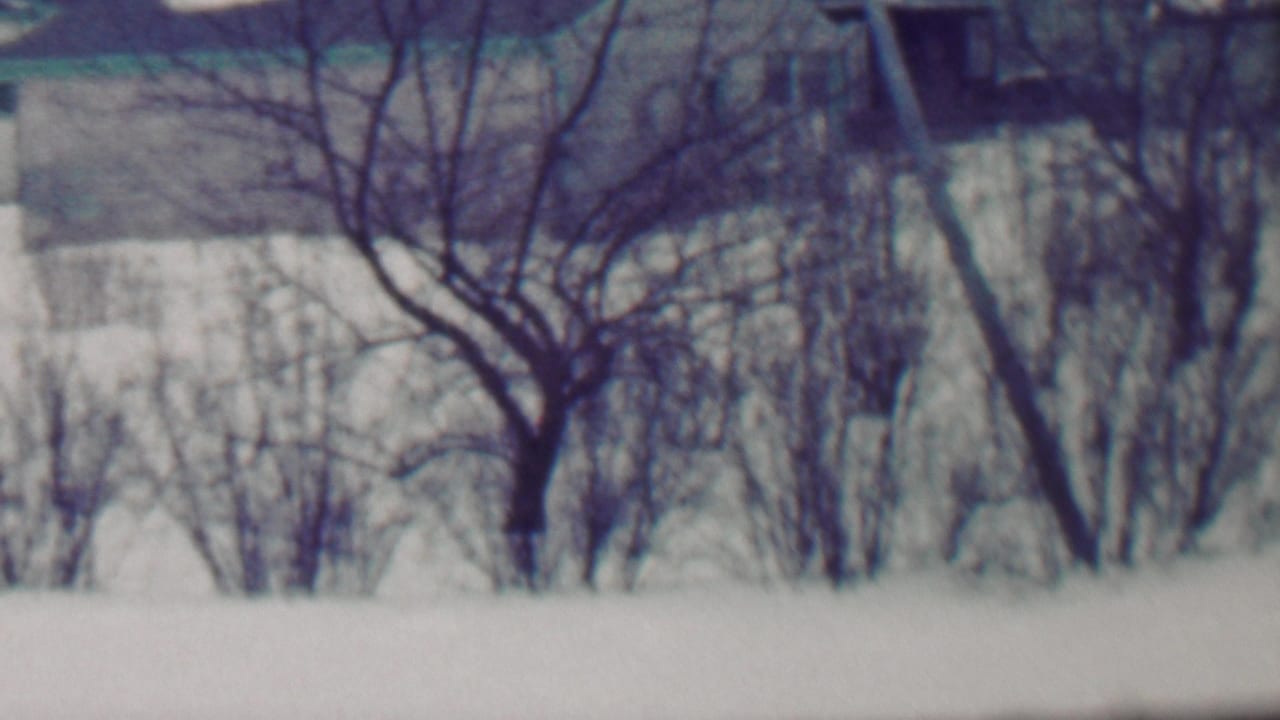 Grand Rapids, Michigan home-movie frame from 1958 showing a snow-covered residential yard and driveway with a light-colored car partly entering from the right.