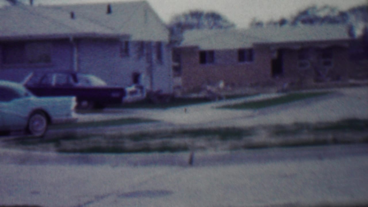 Light-colored car parked along a residential curb in front of low houses.