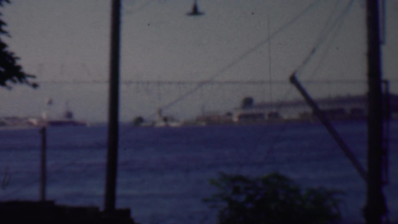 1959 Louisiana home-movie frame showing a distant waterfront across dark blue water, with boats, a low shoreline structure, utility poles, wires, and foliage in the foreground.