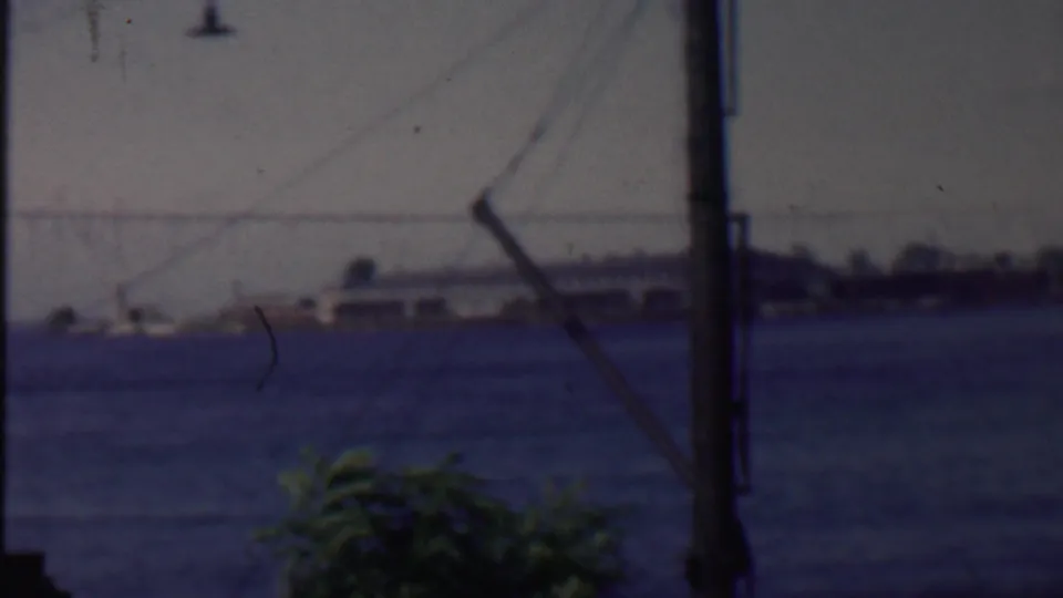 1959 Louisiana home-movie frame of a soft distant shoreline with a small boat, low waterfront structure, silhouetted poles, wires, and green leaves at the bottom edge.