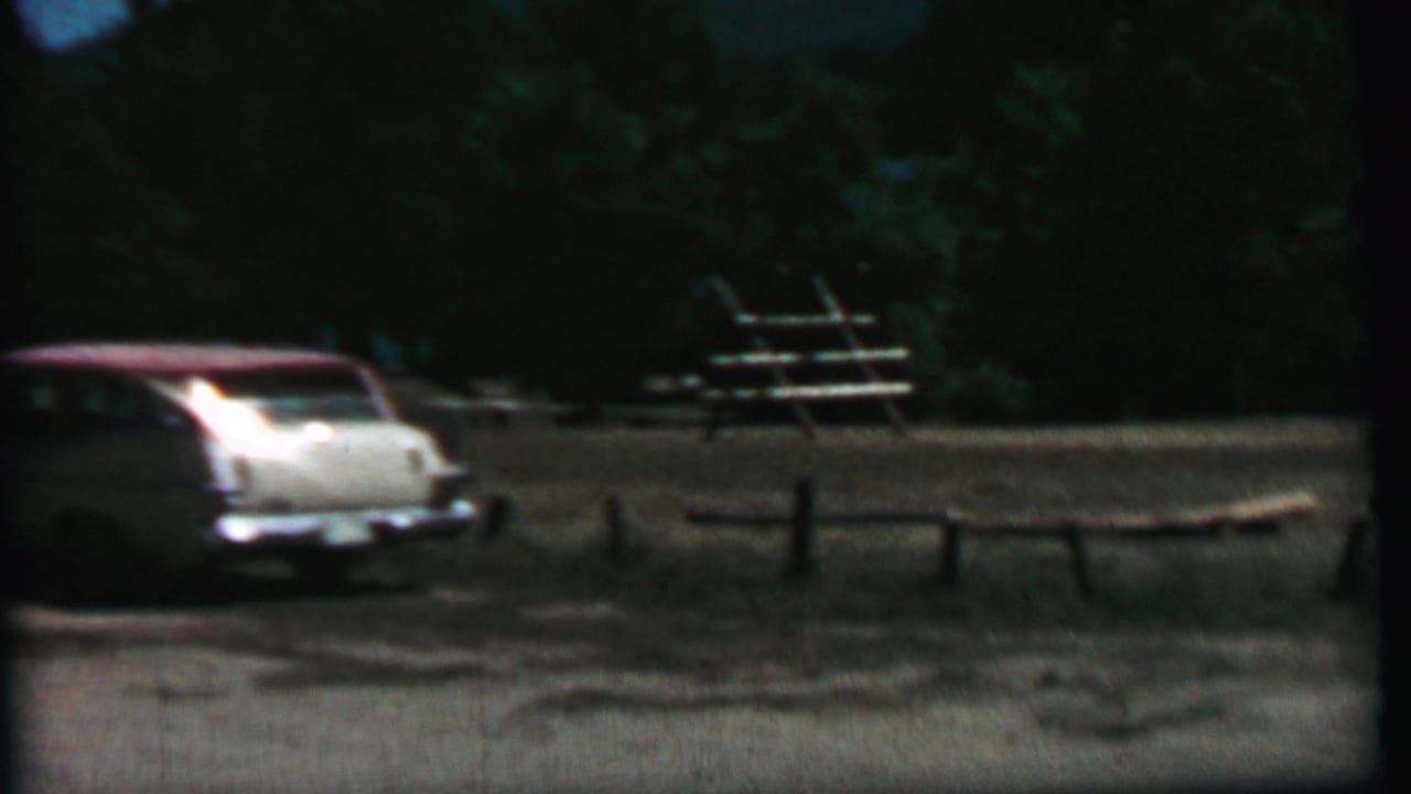 Rear view of a white station wagon near picnic tables and trees.