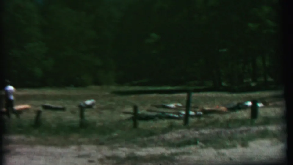 Wooded campground scene at Farragut State Park with split-log fencing, picnic tables, grass, gravel, and dark green trees in soft 8mm color.