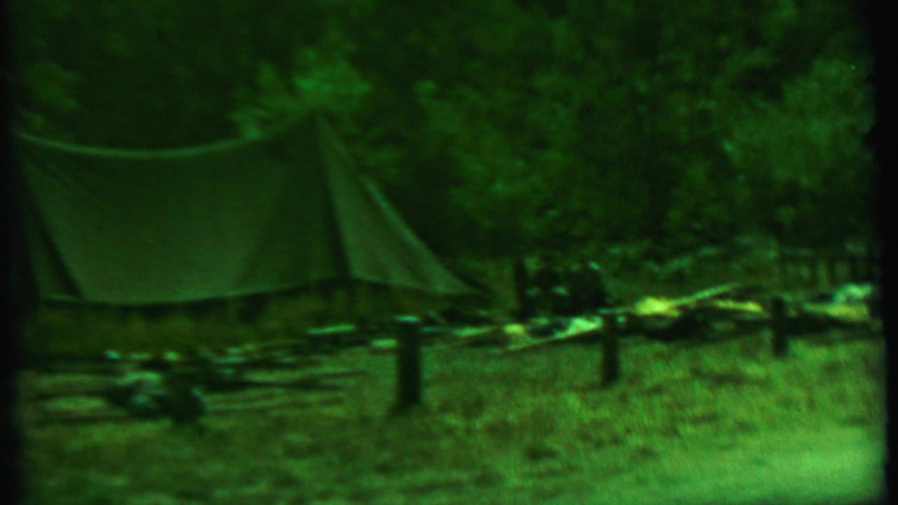 Wooded campsite with canvas shelter, logs, posts, and scattered gear.