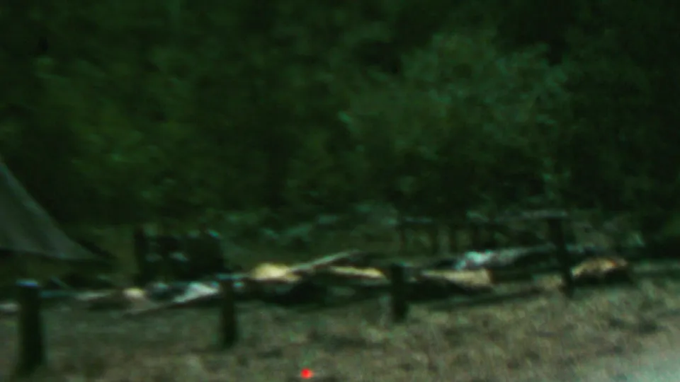 Soft-focus 1967 8mm frame from Farragut State Park showing a tarp edge at left, dark trees behind, scattered logs, low posts, and a grassy campsite foreground.