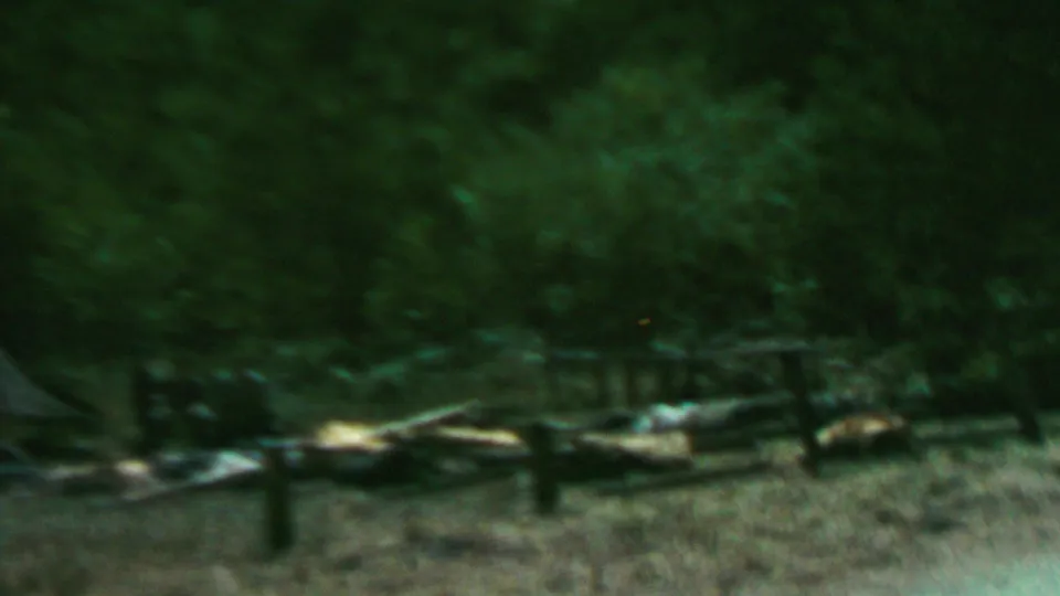 1967 8mm home-movie frame from Farragut State Park showing a grassy wooded clearing with low wooden forms and a blurred person walking in the distance.