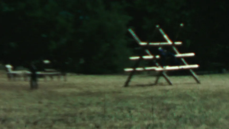 A blurred visitor moves near a rustic wooden picnic structure in a grassy Farragut State Park clearing, with dense trees in the background.