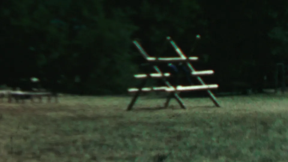 Soft 8mm frame from the supplied 1967 Farragut State Park clip showing a rustic wooden climbing structure in grass near a dark tree line.