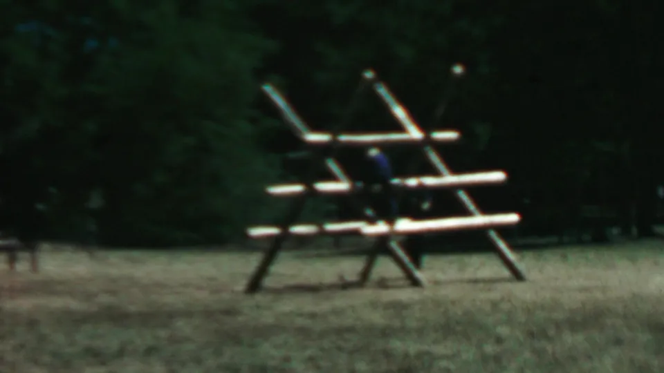 A distant figure appears near the rustic wooden climbing frame in the grassy Farragut State Park setting, with dense trees in the background.